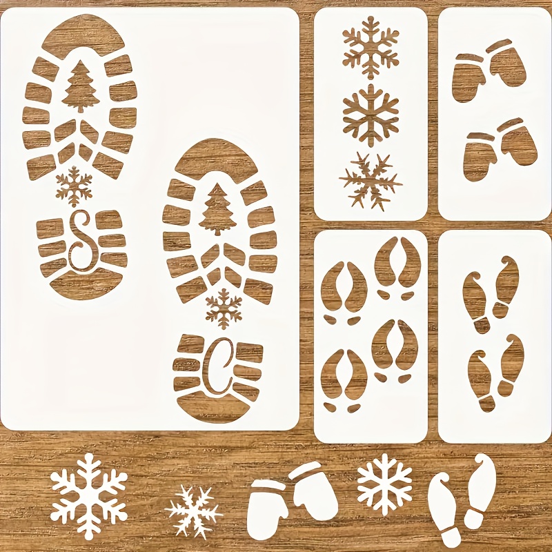 TEMU Set de 5 plantillas de pintura navideñas con tema de de pies que miden 11.69*8.27 y 5.91*3.15 pulgadas - Plantillas reutilizables de película de