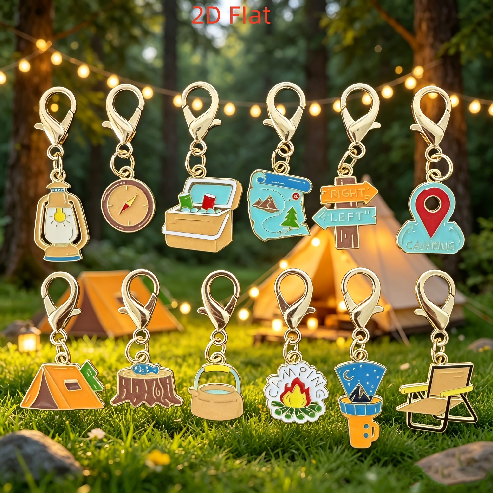TEMU 2d Flat, 12pcs Cartoon 2d Flat Outdoor Camping Keychains, Pendants, Tent Keychains, Bag Backpack Decorative Luggage Accessories, Birthday Party