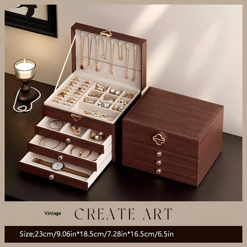 TEMU Light Luxury Vintage Golden Jewelry Box With Wood Grain Pattern, Simple And High-end Jewelry Storage Box, Valentine's Day Gift, Jewelry Boxes