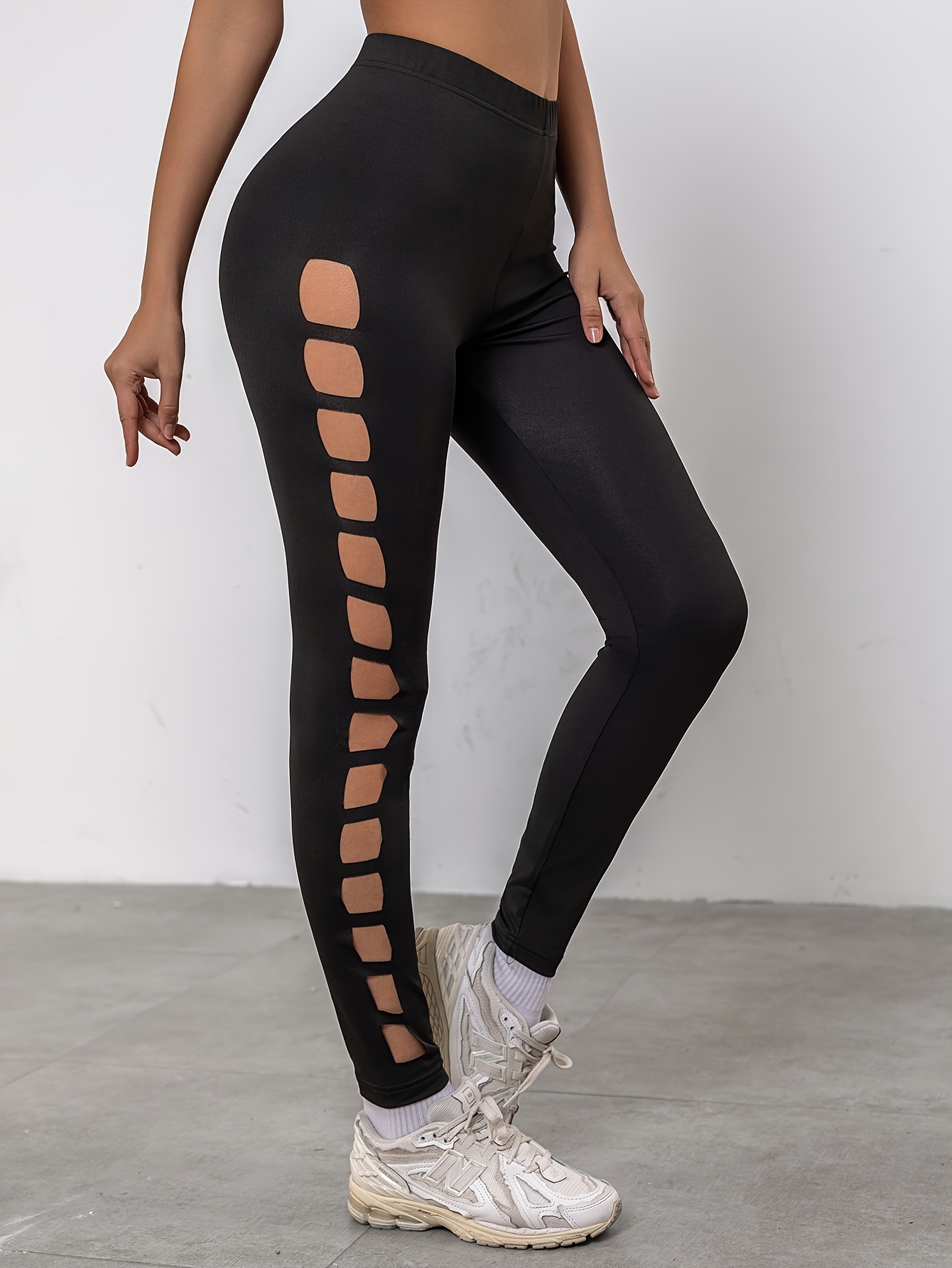 Solid Color Side Cut Out Leggings, Casual High Waist Sporty Skinny Leggings  For Spring & Summer, Women's Clothing