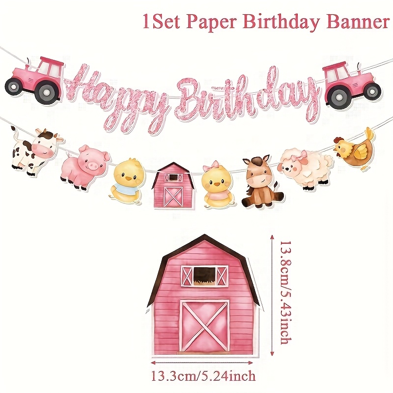 1set, Pink Animal Happy Birthday Paper Banner, Pink Farm Animals Theme Party Pull Flag, Birthday Party Atmosphere Background Banner, Happy Birthday Decorations