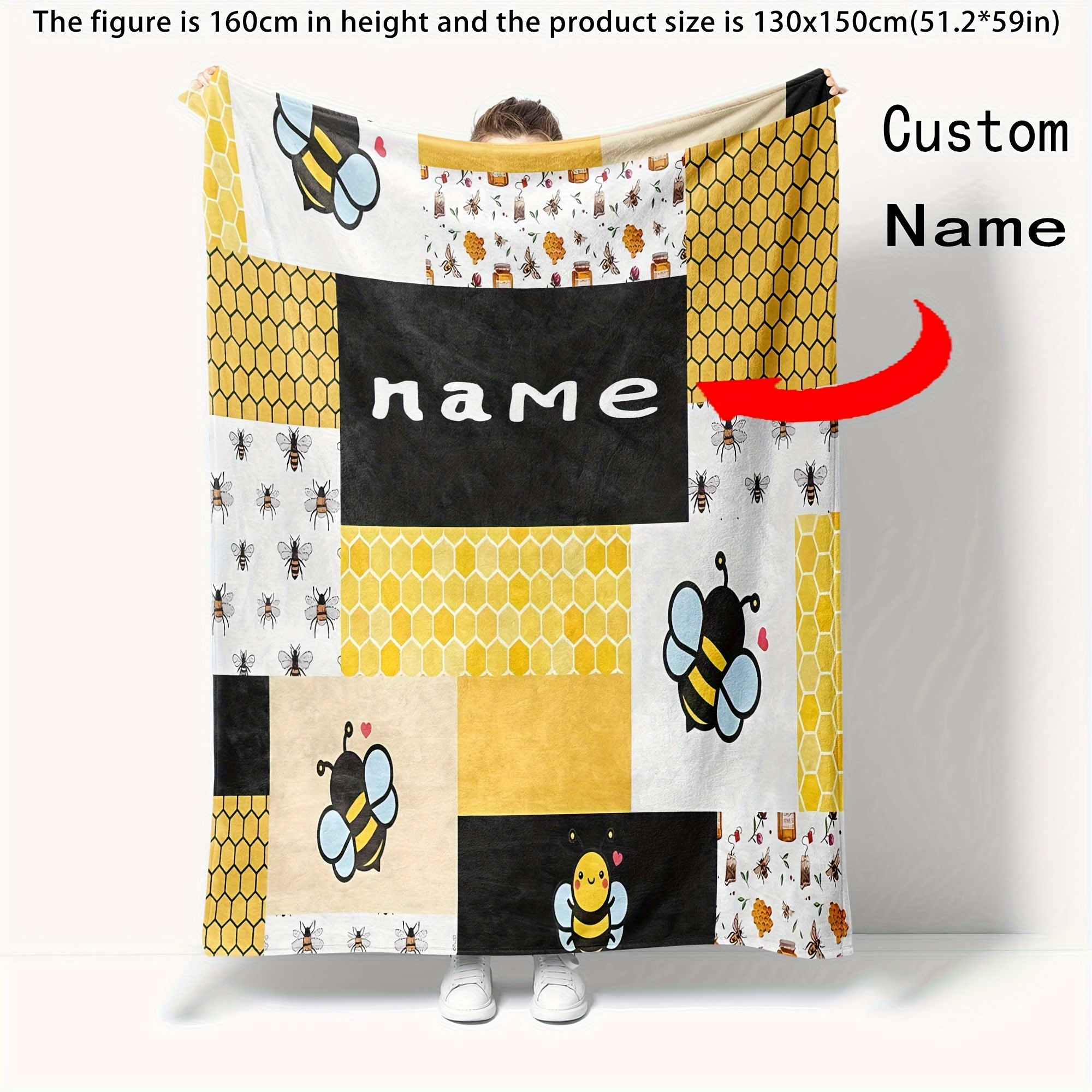 

Customizable Cartoon Bee Pattern Flannel Blanket, Lightweight Soft Comfortable Throw For Bed, Sofa, Camping, And Travel - Valentine's Day Gift, Mixed Colors, Personalized Name, Warm