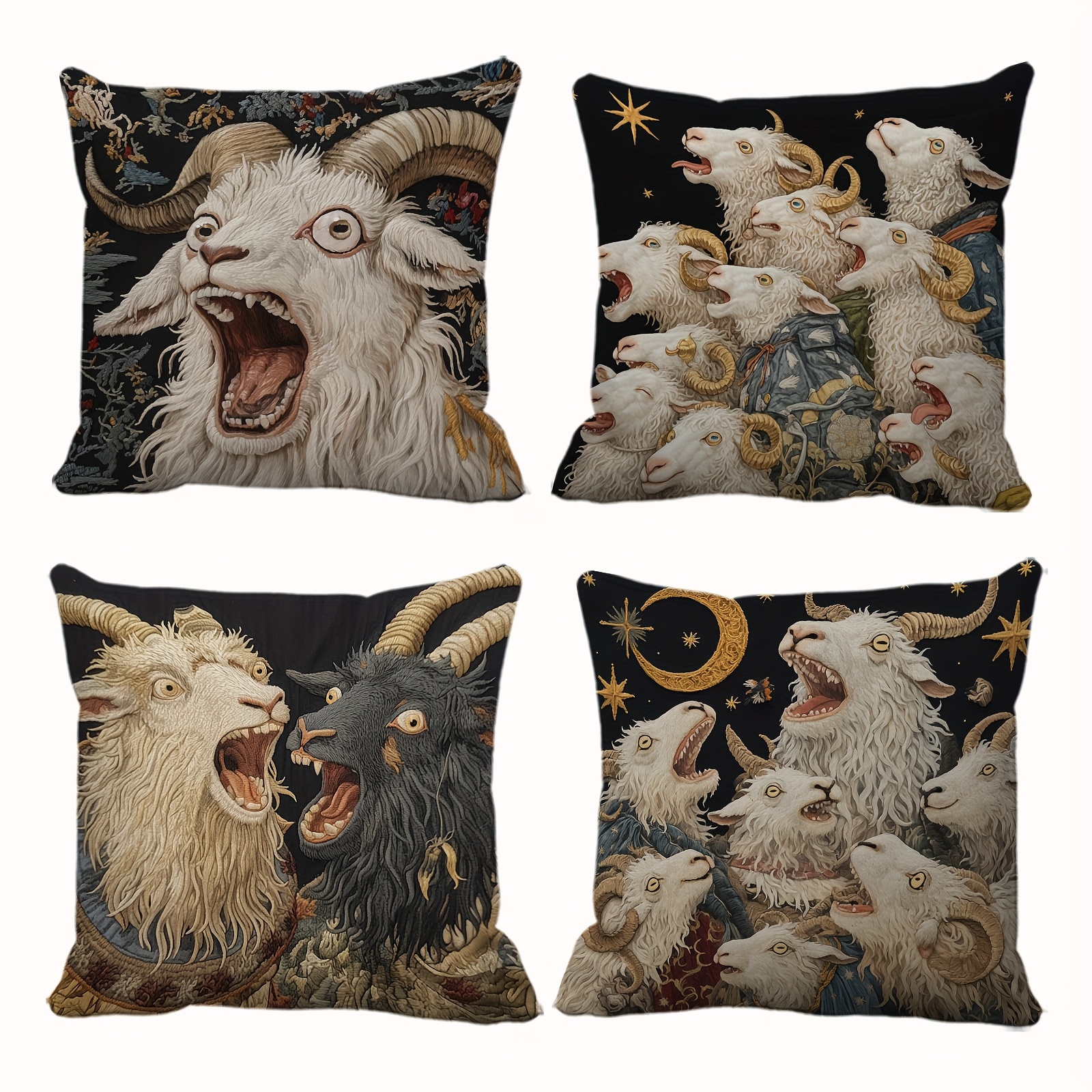 TEMU 2d Flat - A Set Of 4 Cushion Covers Featuring A Modern With A Black Background, Themed Around Goats, With Decorative Patterns Of Goats, Stars