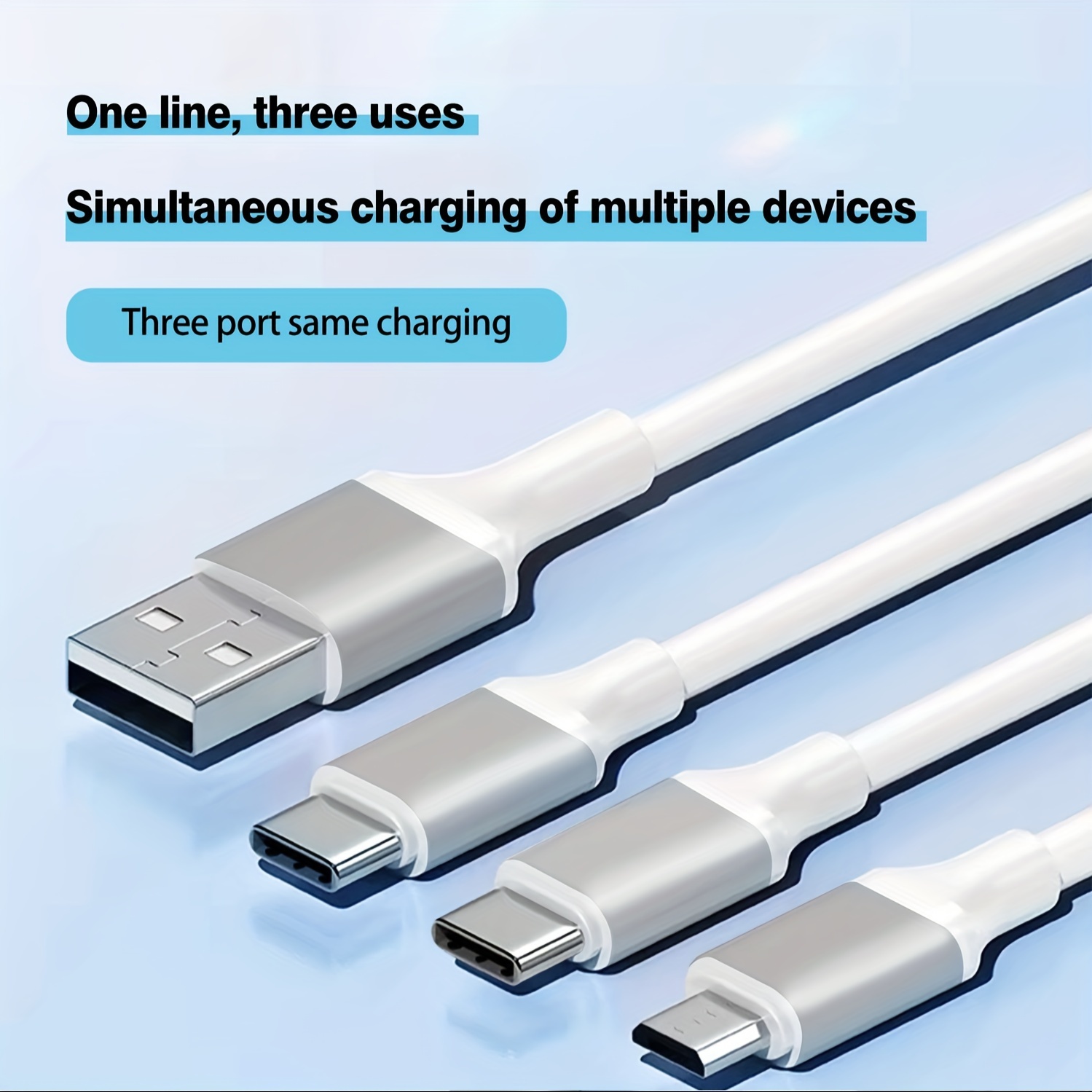 

3 In 1 Multi Charger Cable, White 4ft Universal Charging Cord Wire Usb To Type C Micro Usb Connectors