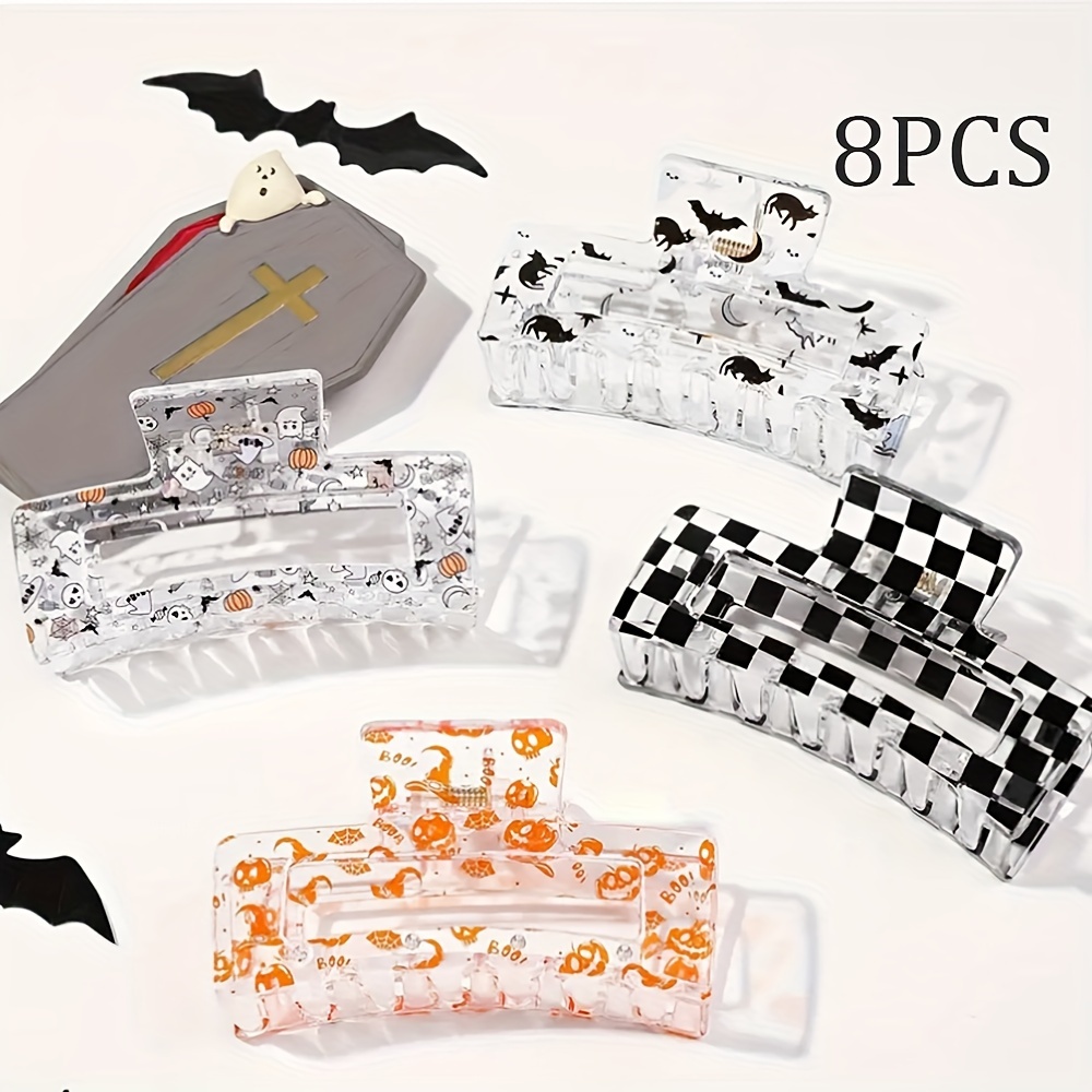 

8pcs Hair Claw Clips Set For Women - Large Oblong Shape, Plastic Material, Punk & Y2k Style, Bat Pumpkin Print, Hollow Design, Strong Grip, Ideal For And Daily Use