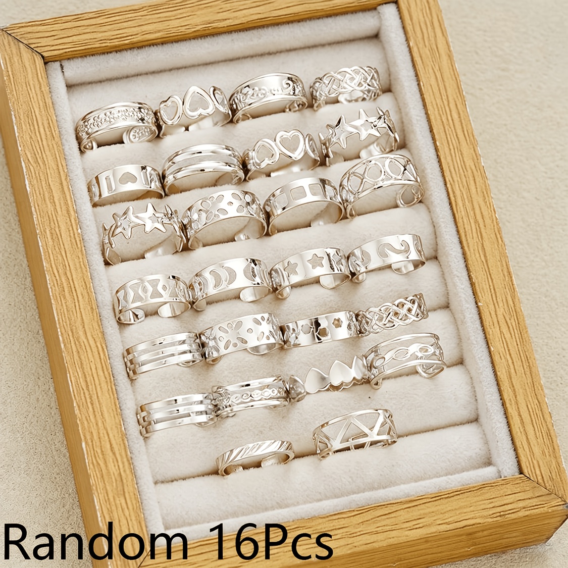 TEMU Juego de 16 anillos apilables de moda para mujer, estilo bohemio festivo versátil, con calados de , estrella, luna , ola, cuadrícula y rayas,