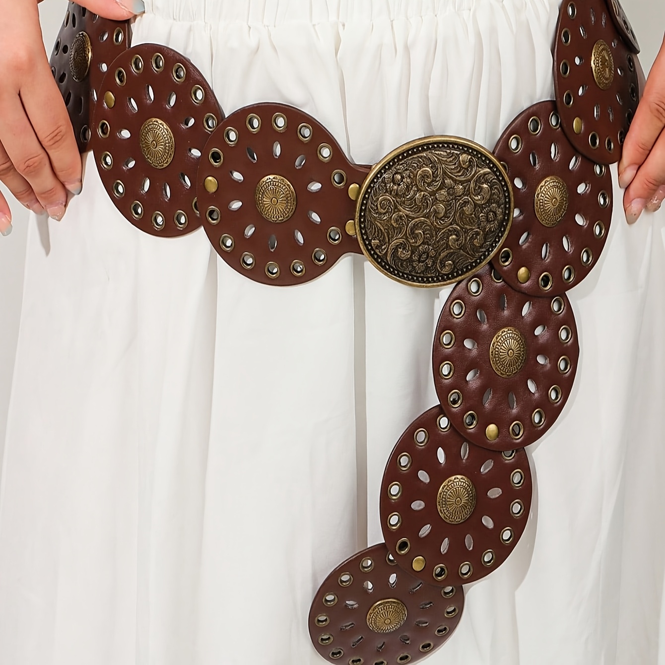 TEMU 1 Brown Women's Western Bohemian Style Wide Belt With Disc , Featuring An Intricately Carved Metal . This Versatile Fashion Accessory Pairs Well