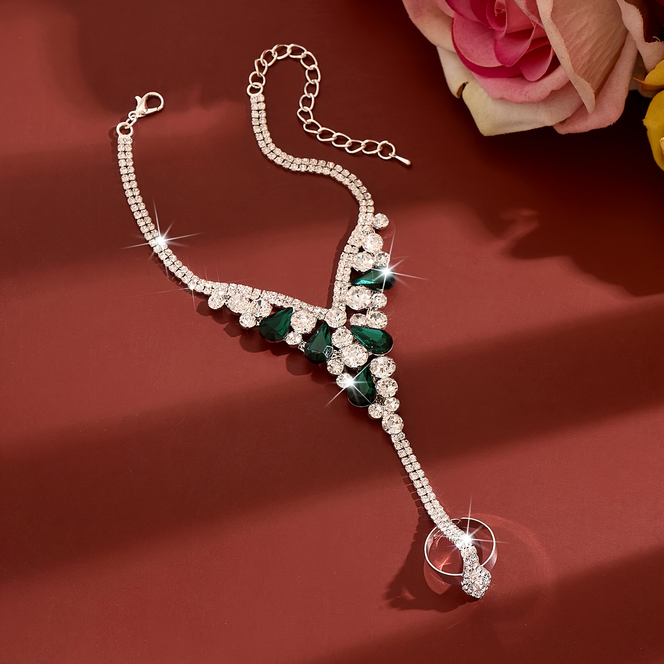 1 pç Pulseira de Corrente para as Costas da Mão Feminina, com Anel e Cristais Verdes em Forma de Lágrima, Cobre com Incrustações de Cristais, Ideal para Casamentos, Jantares de Gala e Bailes 7