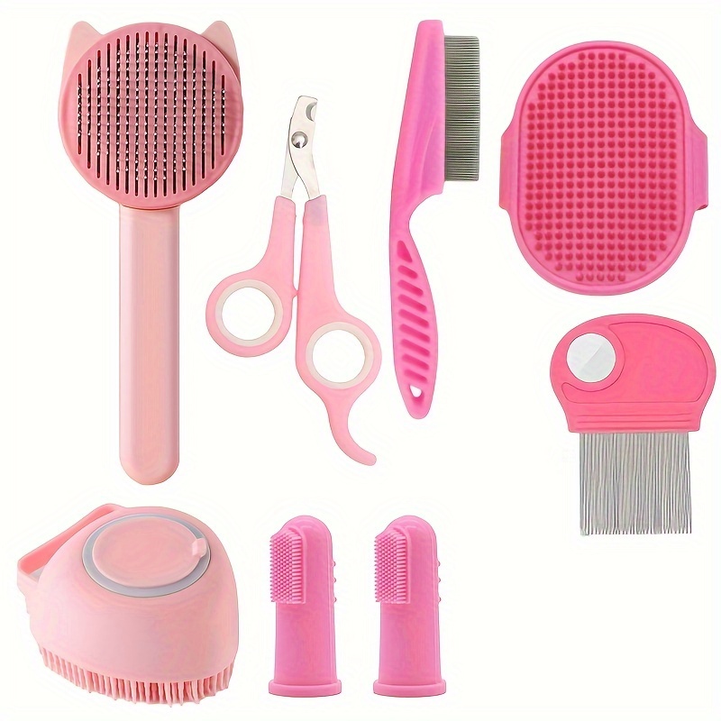 Image of 5pcs/8pcs Pet Grooming Kit: Self-cleaning Brush, Stainless Steel Flea Comb, Nail Clippers & More - Non-electric Dog Care Set