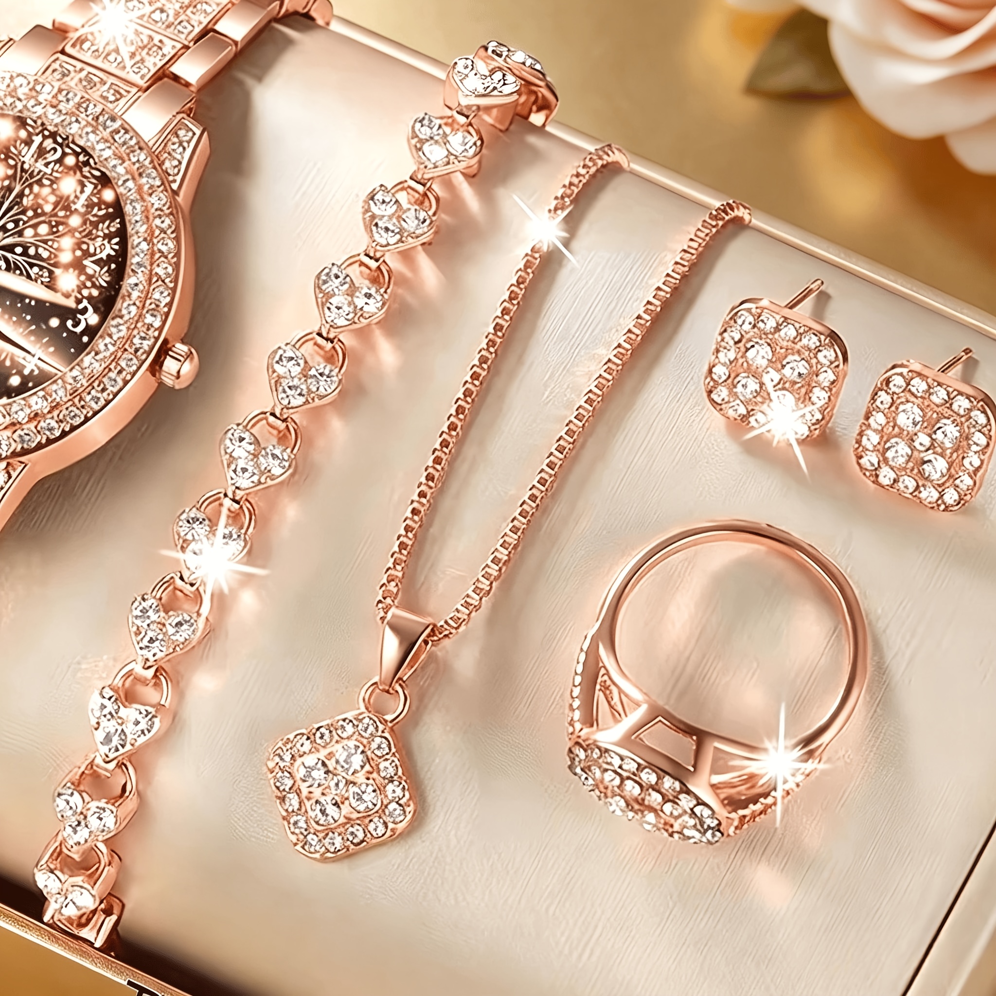 TEMU Ensemble de luxe 4 pièces pour femme couleur or rose - Collier avec pendentif carré, boucles d'oreilles clous, bague et bracelet, convient pour