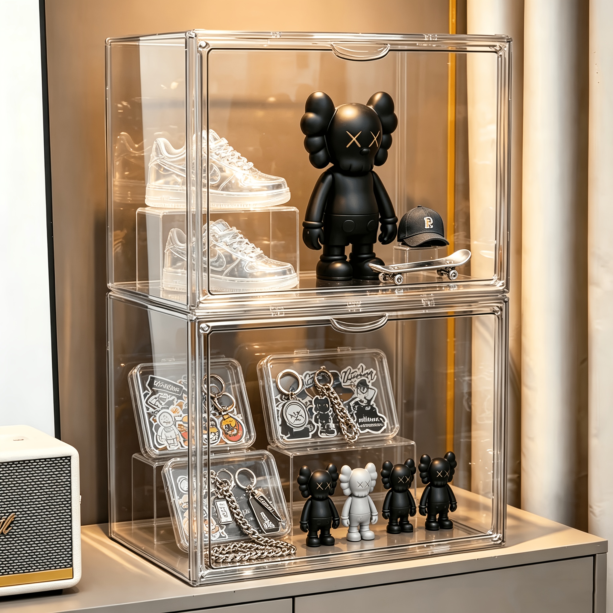 Image of 1/2pcs Xxl Clear Display Case Stackable Acrylic Storage Box With Magnetic Lid, Dustproof, For Motorcycle Helmet, Collectible Figures, Shoes, Handbags, Books & Cosmetics, 40 X 33 X 33 Cm