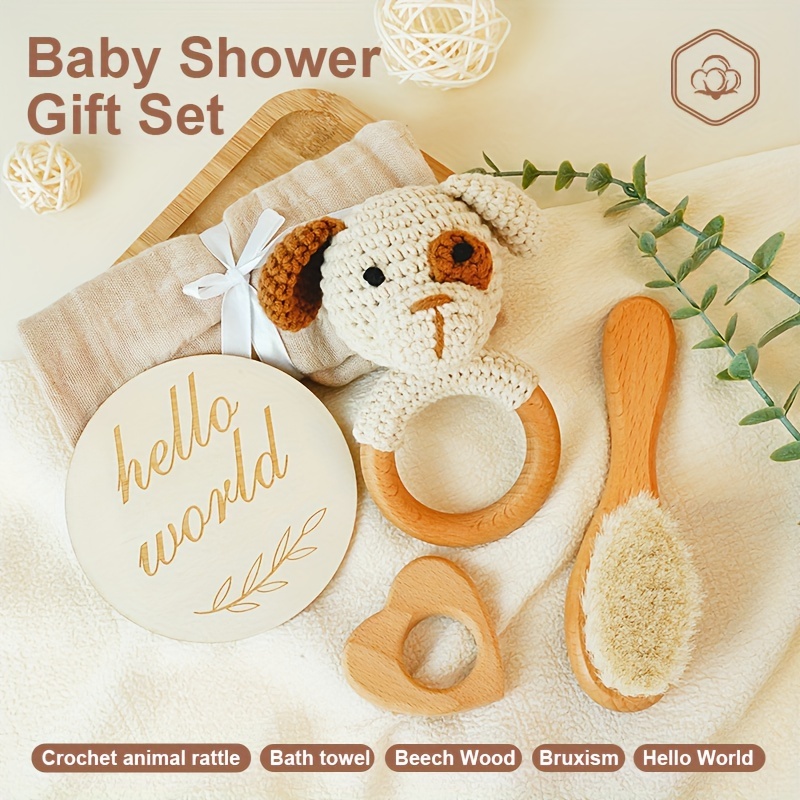 luxury handcrafted   shower gift set   crochet dog rattle soft bamboo cotton towel natural goat hair brush   heart toy and hello       to 3 years details 4