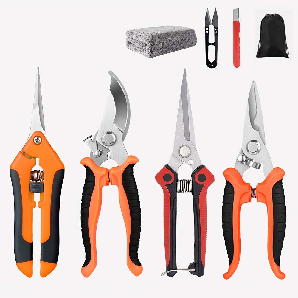 8pcs Gardening And Pruning Tool Set, Stainless Steel Blade Scissors/pruning Pliers, Two Handed Handheld Scissors, Ergonomic Handle (with Wiping Cloth) Suitable For Lawn, Tree, And Garden Care