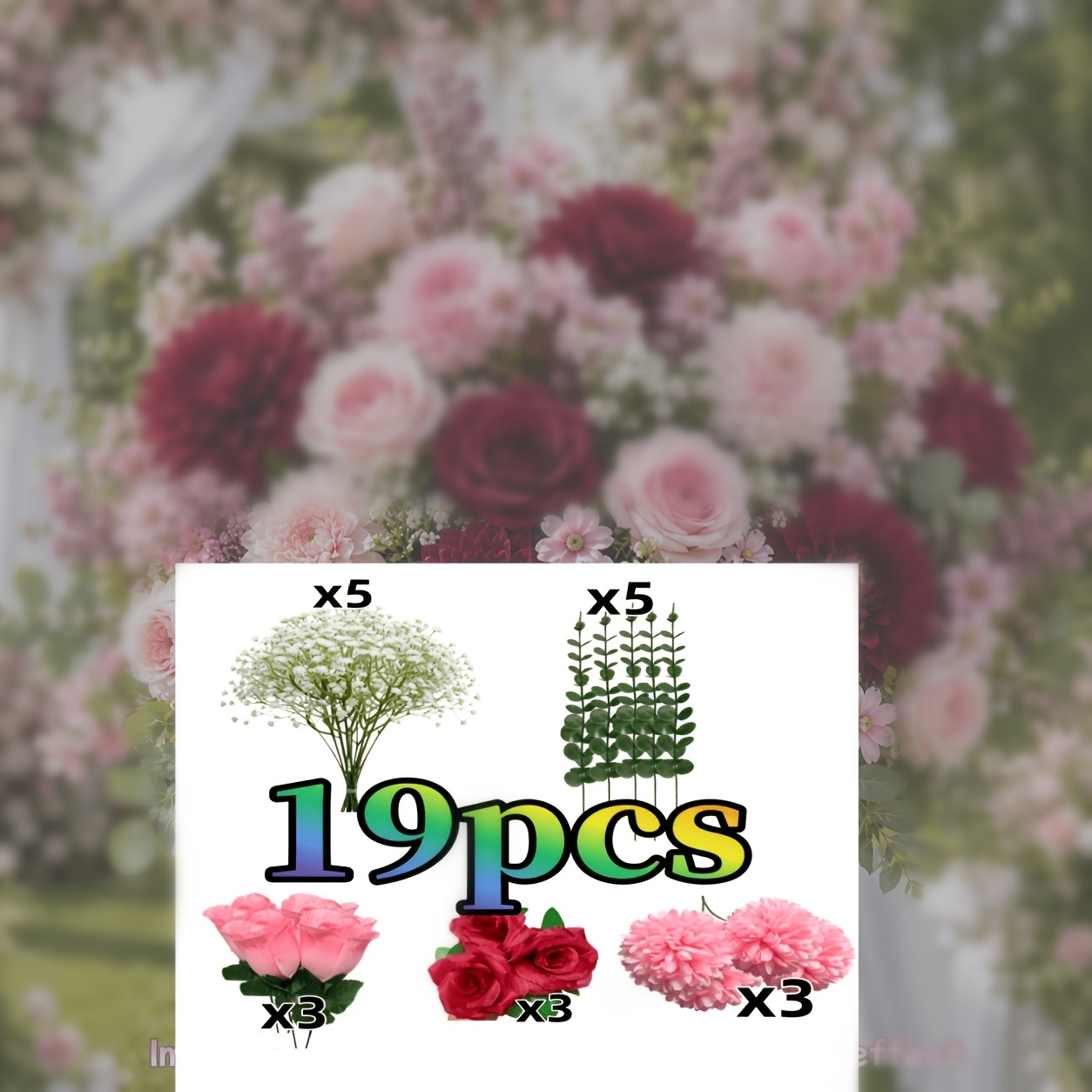 TEMU 19pcs Super Large Bundle Luxurious Large Artificial Flower Bouquet - Contrast Series Of Pompons, Roses, 's Breath, With A Few Eucalyptus Leaves
