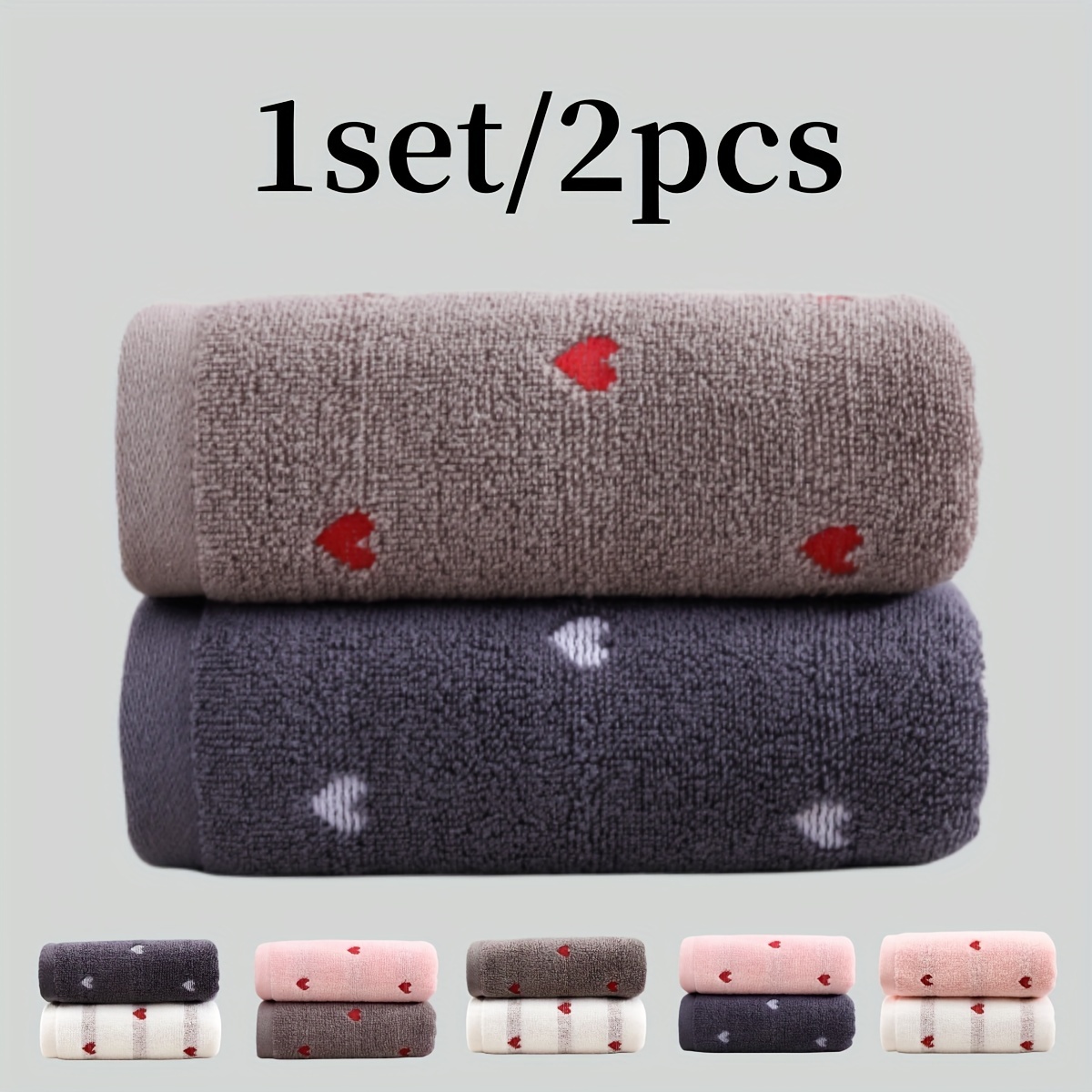 

1set/2pcs Cotton Towels With Heart Jacquard Design, 13.38 X 28.74 Inches, Thick Absorbent Soft Skin-friendly Face Towels, Multiple Color Options For Bathroom Use, Modern Style