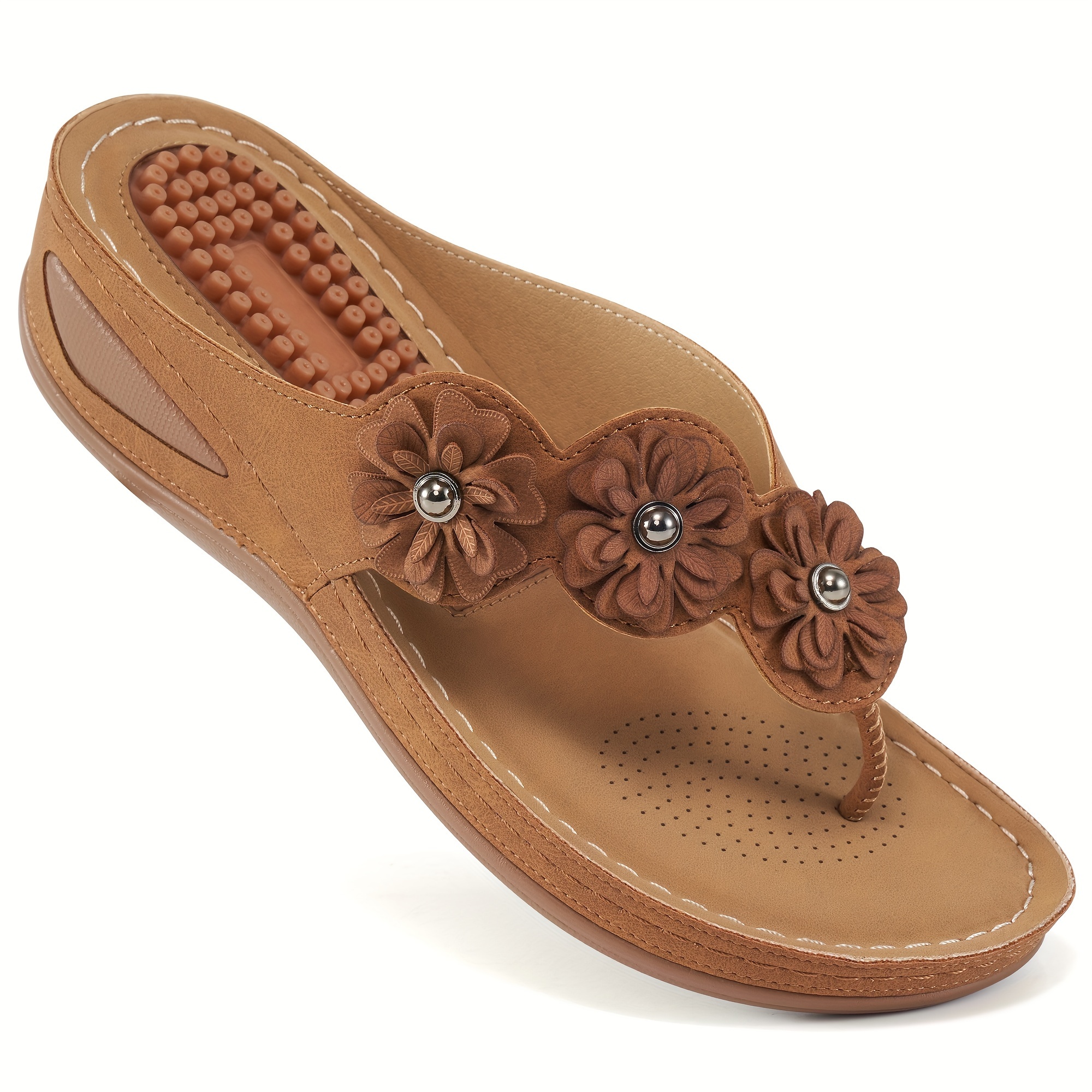 Boho flip flops with dark brown leather sole