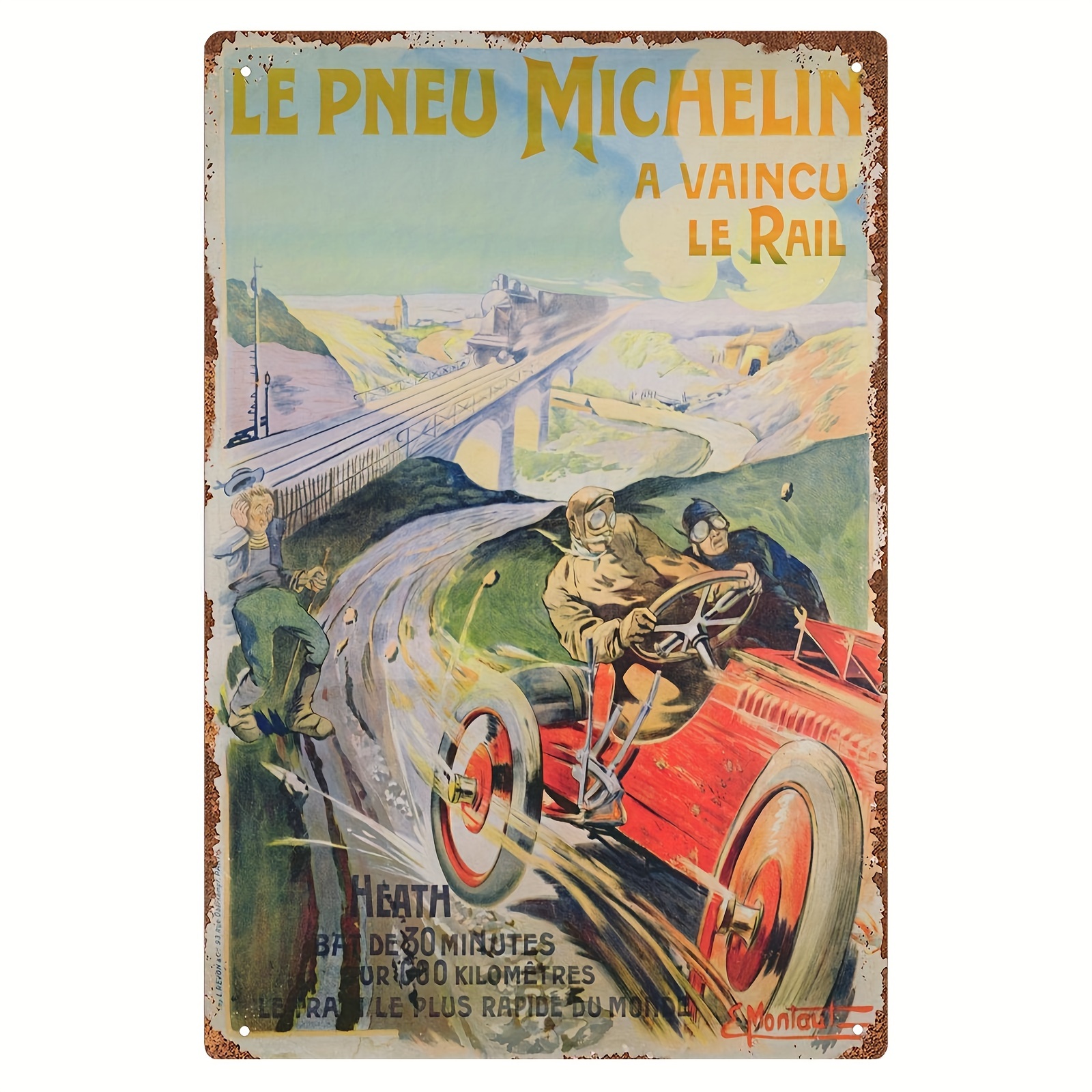 

1pc d'Art en Fer de Pneus Michelin - 'Les Pneus Michelin Rapides que !' , 20x30cm/8x12 pouces, , Matériau Métallique, les Amateurs de Décoration Murale / Art