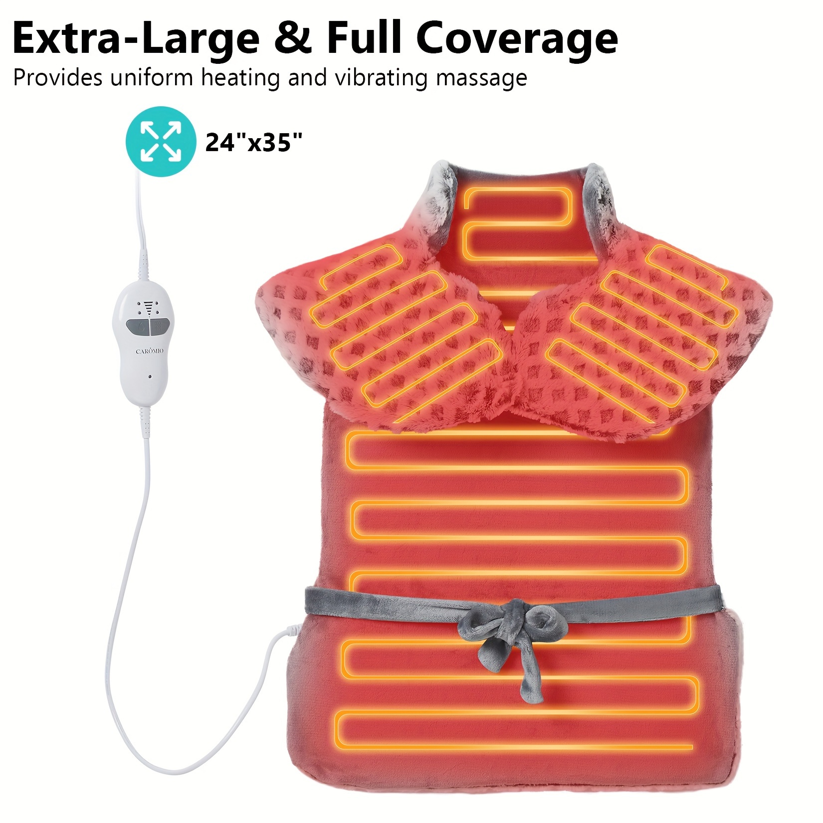 large heating pad with massager 24 x 35 electric heating pad for neck back shoulders with 3 heat levels 3 massage settings 2 hour auto shut off Product details 1