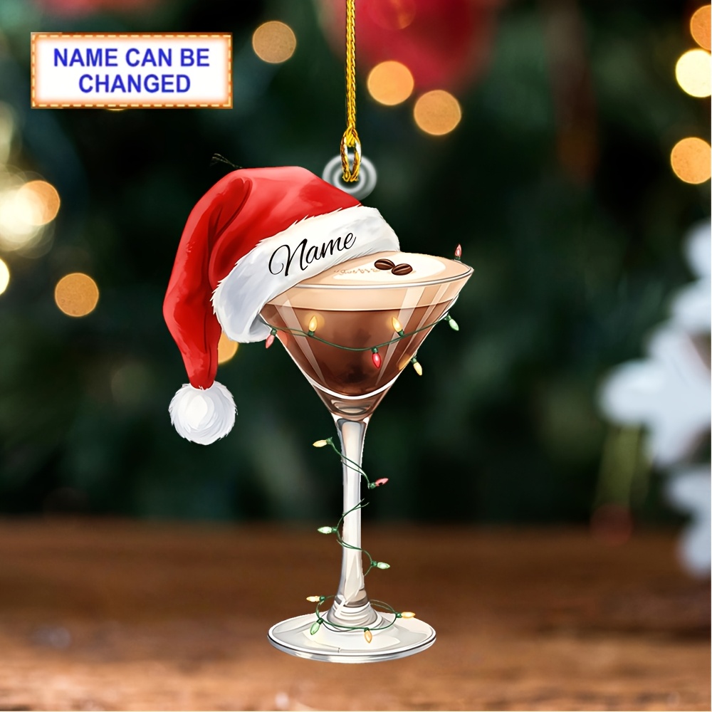 TEMU Ornement en acrylique personnalisé de verre à martini de Noël avec nom, guirlande lumineuse enveloppée en tasse à martini avec chapeau de Noël