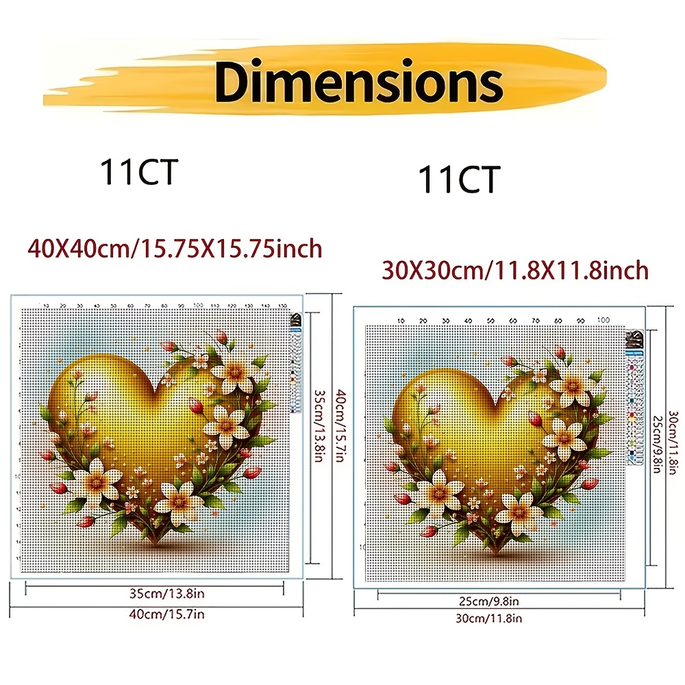 DIY Cross-Stitch Printed Kit, Golden Heart with Floral Pattern