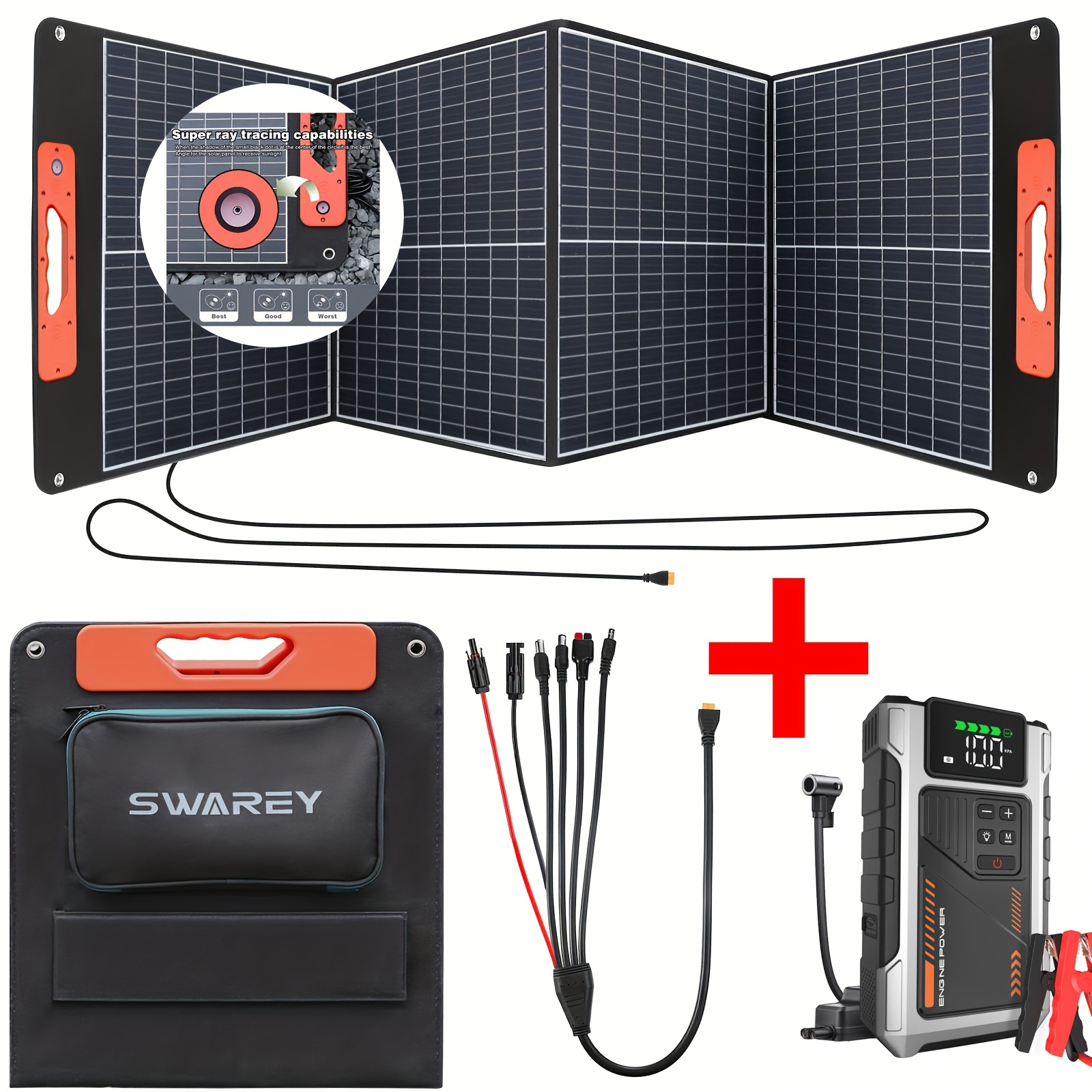 12000mah Jump Starter With 100w Fold Solar Panel, Portabel 150psi Tire Inflator With Super Raytracing Capabilities Solar Panel, Air Compressor 6000a Car Battery 12v Booster On-road Rescue System