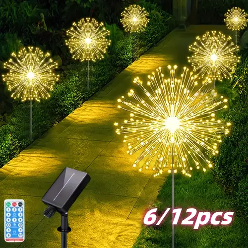 6 12pcs 8 540 1080 led solar powered dandelion fireworks light with remote control diy shape used for lawn landscape lights suitable for christmas halloween spring festival celebration decoration lights warm white