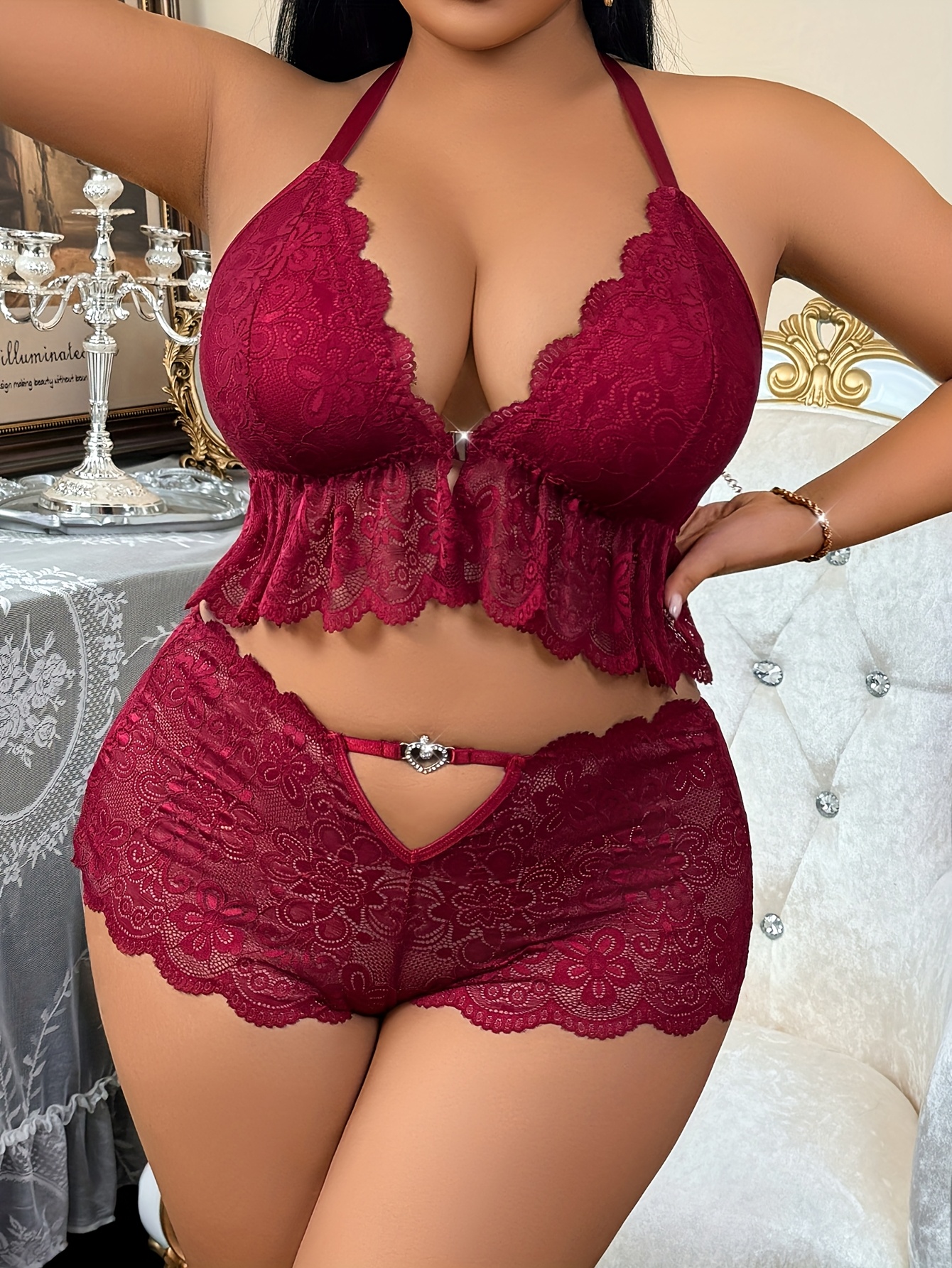 Plus Size Front-Button Lace Patchwork Backless 3-Ring Buckle Sexy Lingerie Heart-Shaped Hollow-Out Pants Set