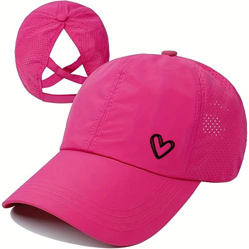 a solid color heart shaped baseball cap with an adjustable snapback strap designed for wearing with a high ponytail tied the back features a breathable mesh panel at the back in white black gray rose red suitable for golf