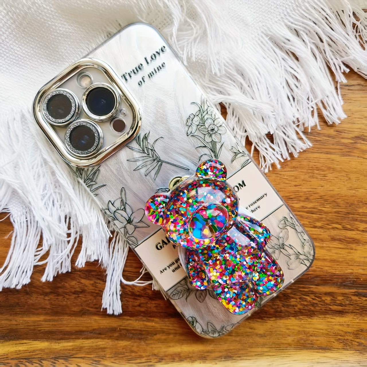 Two Glittery Bear Phone Holders with Sturdy ABS Material, Portable and Creative 3D Desktop Stand for Secure Phone Support, Cute Phone Holder