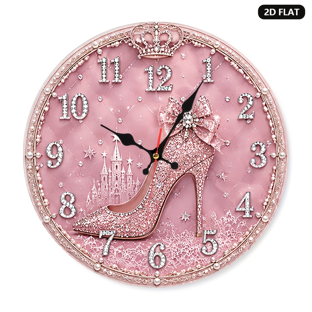 TEMU 2d Flat 1pc Pink High Heel Bow Lace Decorative Printed Lightweight Indoor Battery Operated Silent Wall Clock Non Ticking Easy To Read Round For