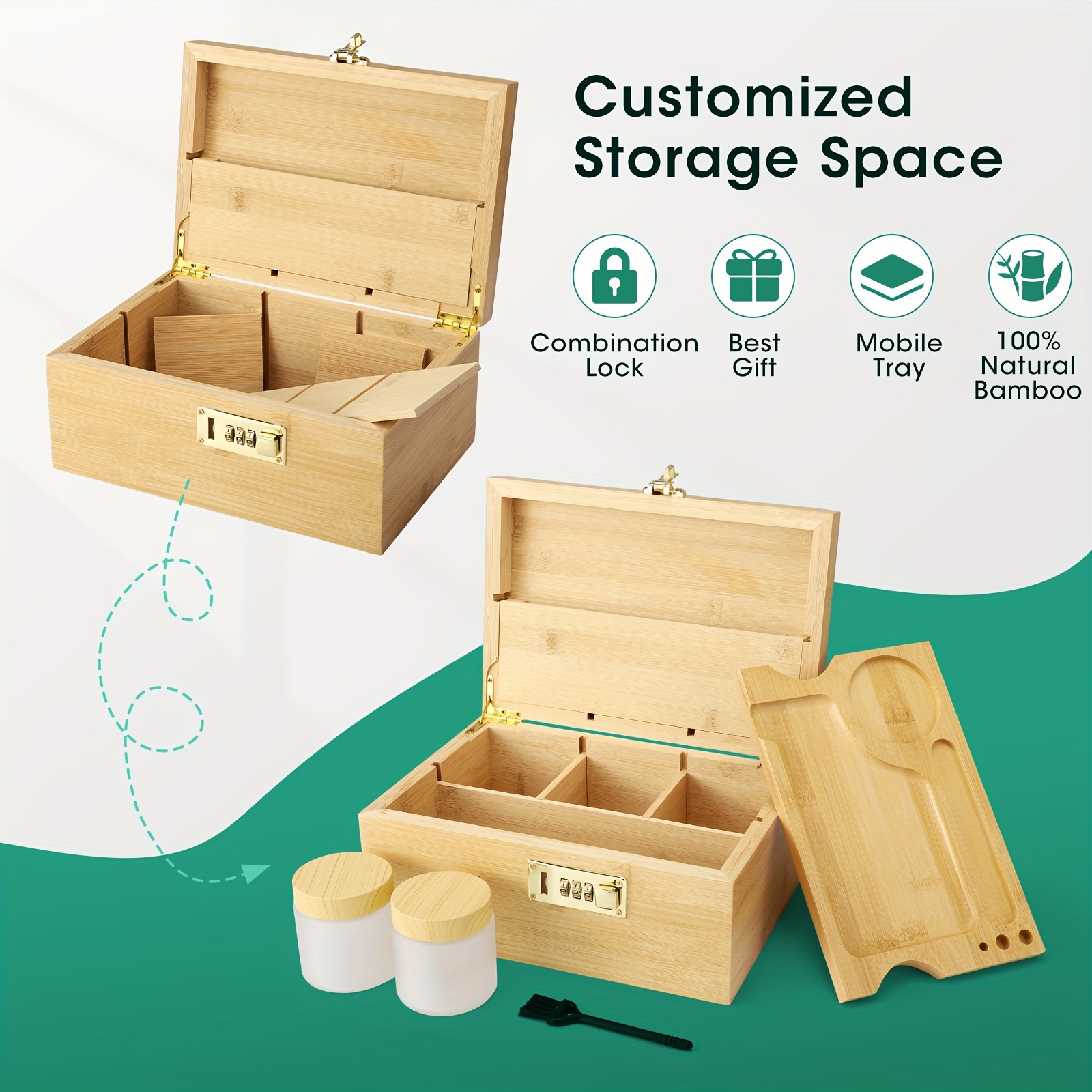Lockable Bamboo Medicine Storage Box with Jars & Rolling Tray