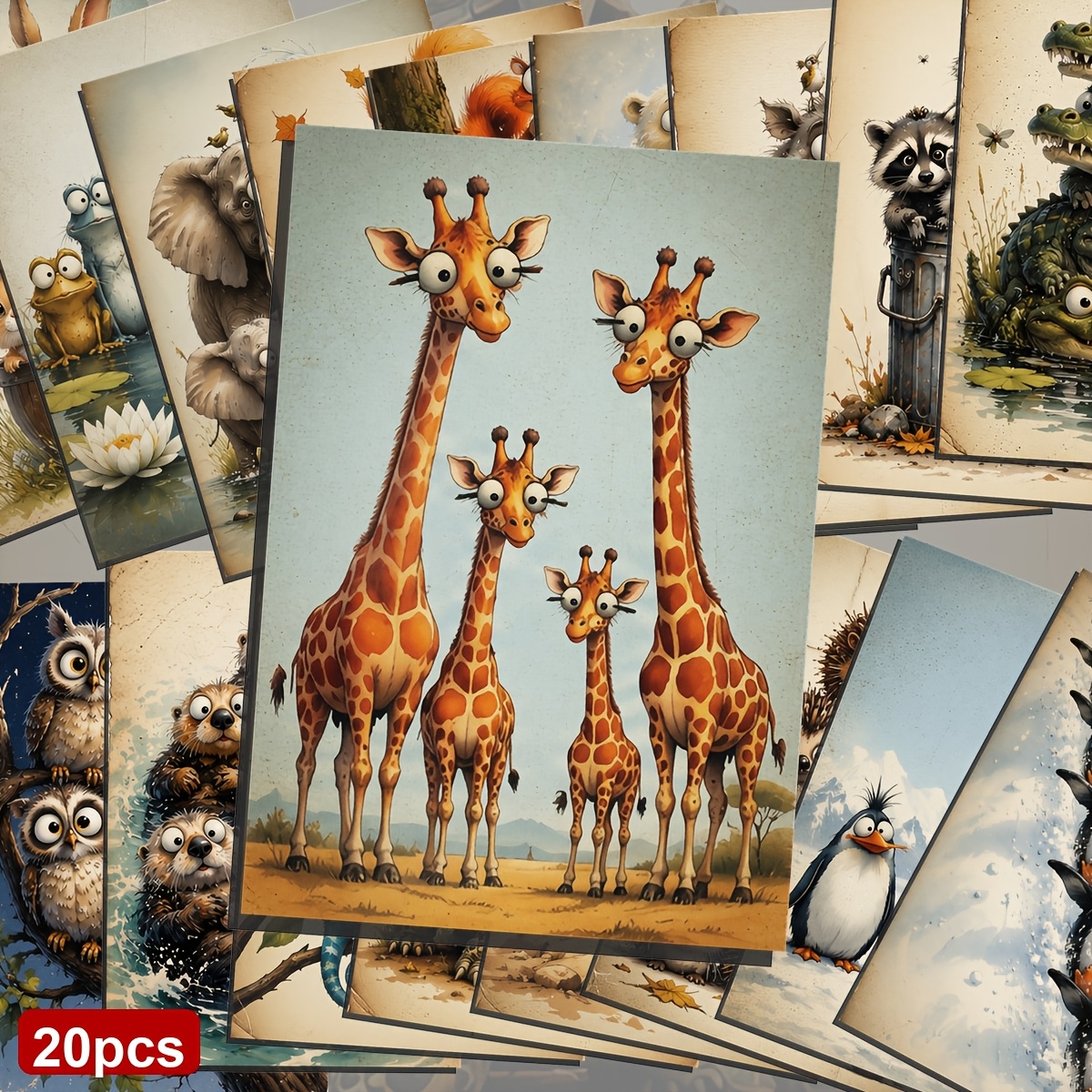 TEMU Ensemble de 20 cartes postales d'art à empiler avec des animaux fantaisistes - Illustrations amusantes de personnages de dessins animés à