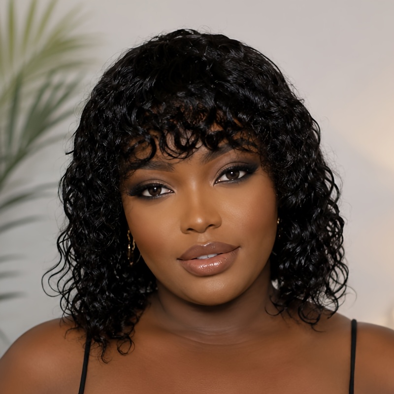 Bob Wig Water Wave Wig 100%human Hair Wig Women's Short Hair Wig Black Wig Curly Wig With Bangs Fluffy Shape 10 Inches Elastic Mesh Suitable For All People