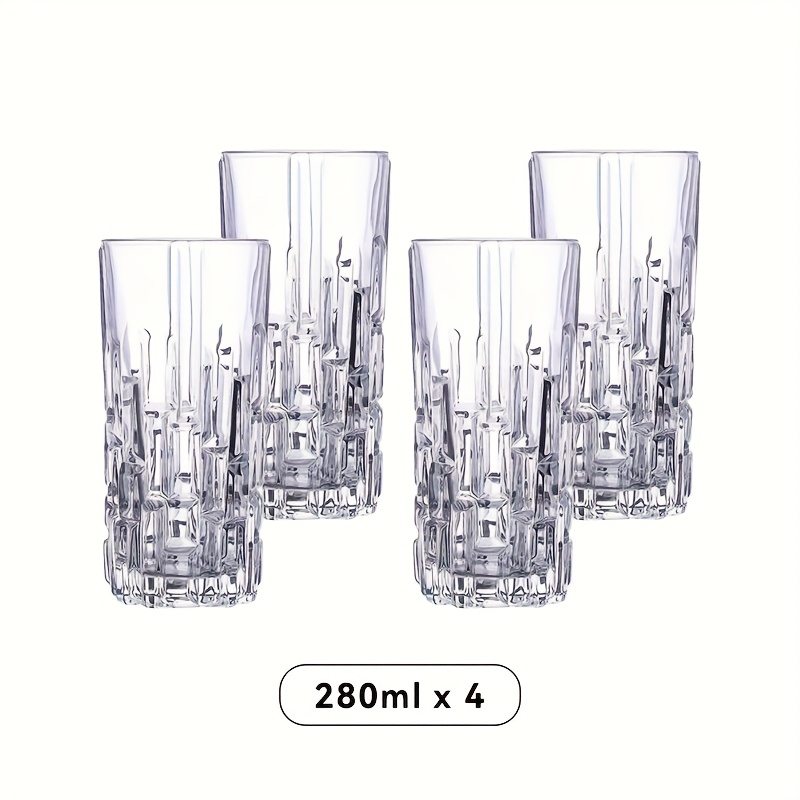 E-shop Set mit 4 quadratischen, geprägten Glas--Bechern, exquisite Glas-Trinkgefäße mit einem Fassungsvermögen von 280 ml (9 oz), mit einem leicht