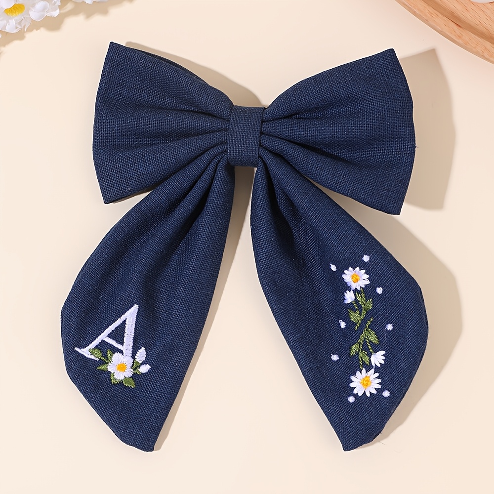 TEMU 1pc Cute Daisy Embroidery Bow Hair Clip For Women Preppy Style Fabric Hair Bow Barrette With Letter A-z Perfect For Daily School Party Holiday
