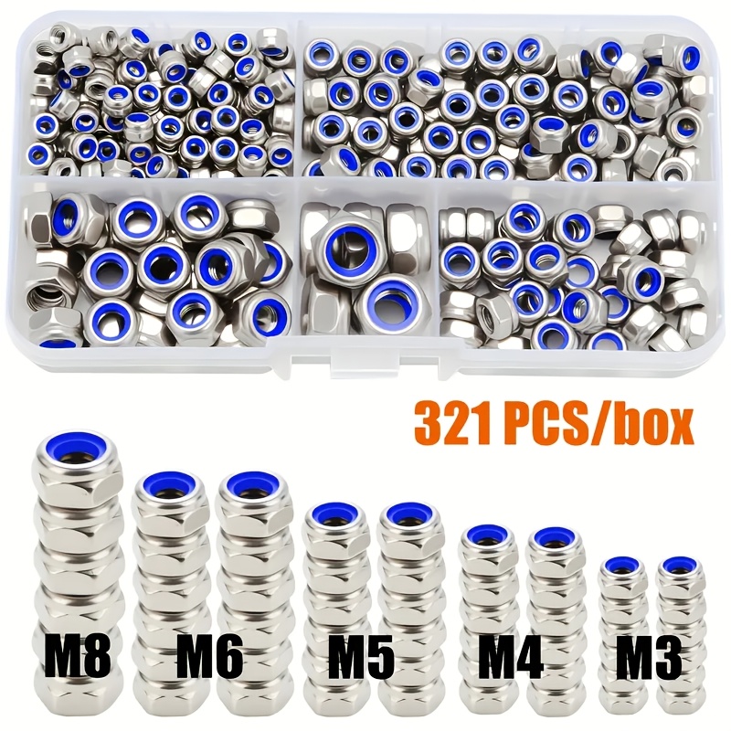 321pcs M3 M4 M5 M6 M8 Nut Set, Right Tooth Anti-loosening Design, Suitable For Use , Construction, Electronics, Automotive, Decorative Locking And Scientific