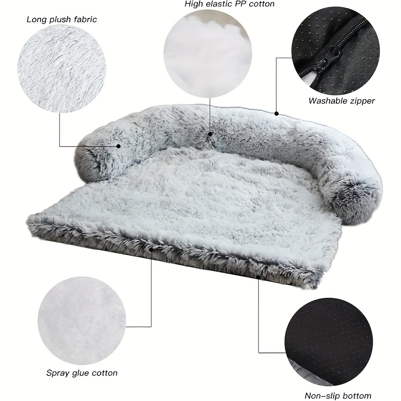 calming dog bed fluffy plush sofa cushion with washable cover   anti slip base for large medium small dogs and cats light gray and dark gray sizes   Product details 8