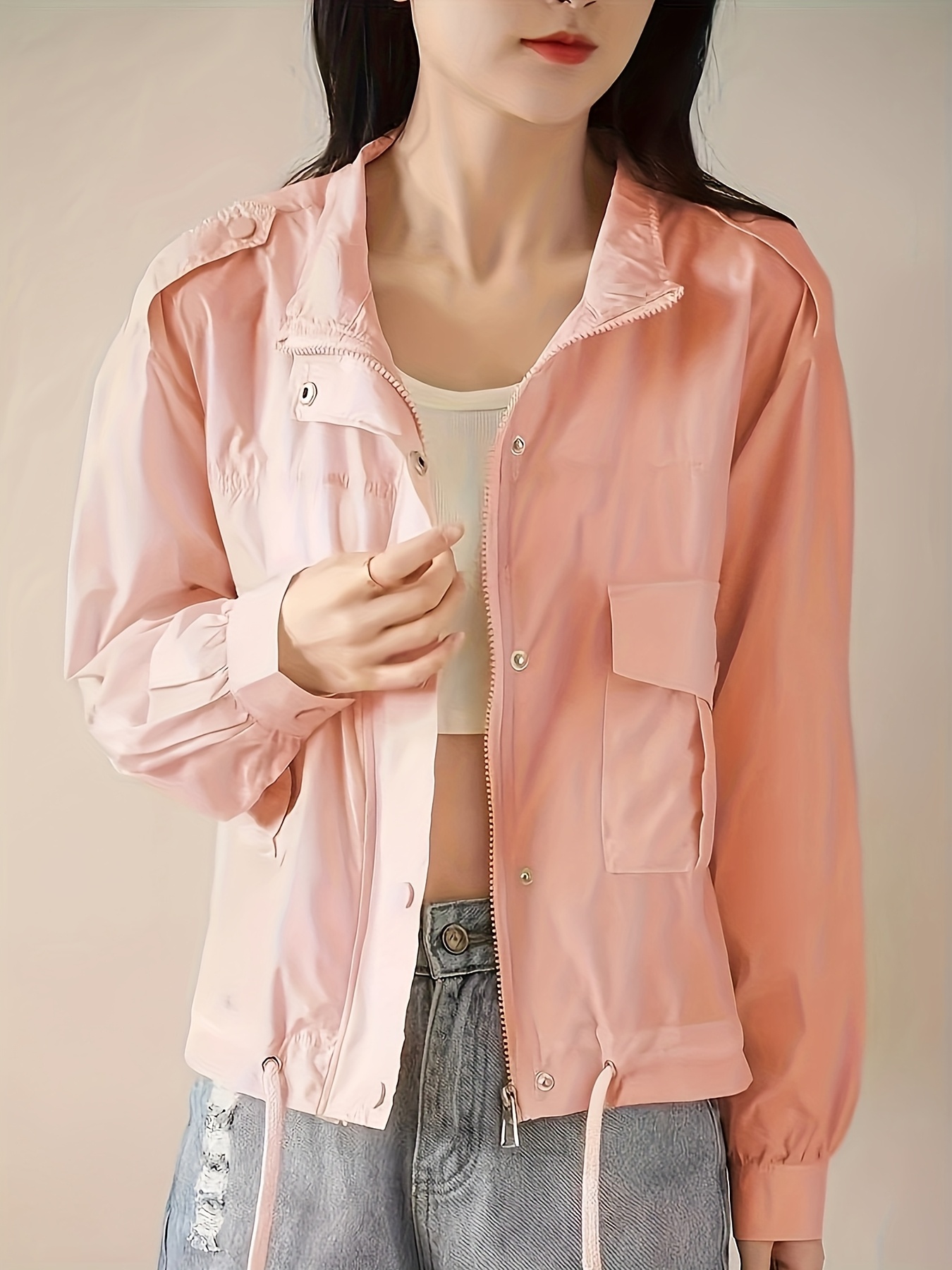 Women's 2025 Summer Lightweight Jacket Casual Short Coat with Stand  Collar, Zipper Front Button Cuffs, Breathable Machine-Washable Fabric for 