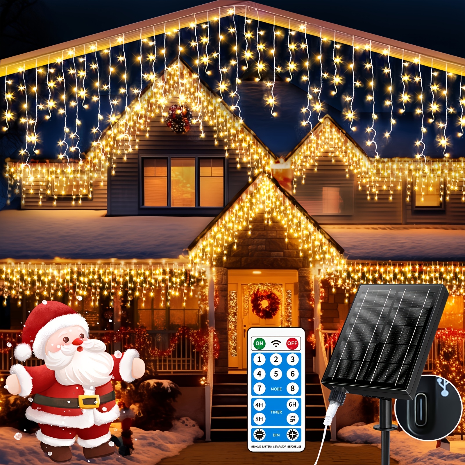 TEMU Guirnalda de luces solares para exteriores con forma de hielo, 76.4 pies (aproximadamente 24 metros) de largo, 600 LED, 2400 mAh de energía, 8 ,
