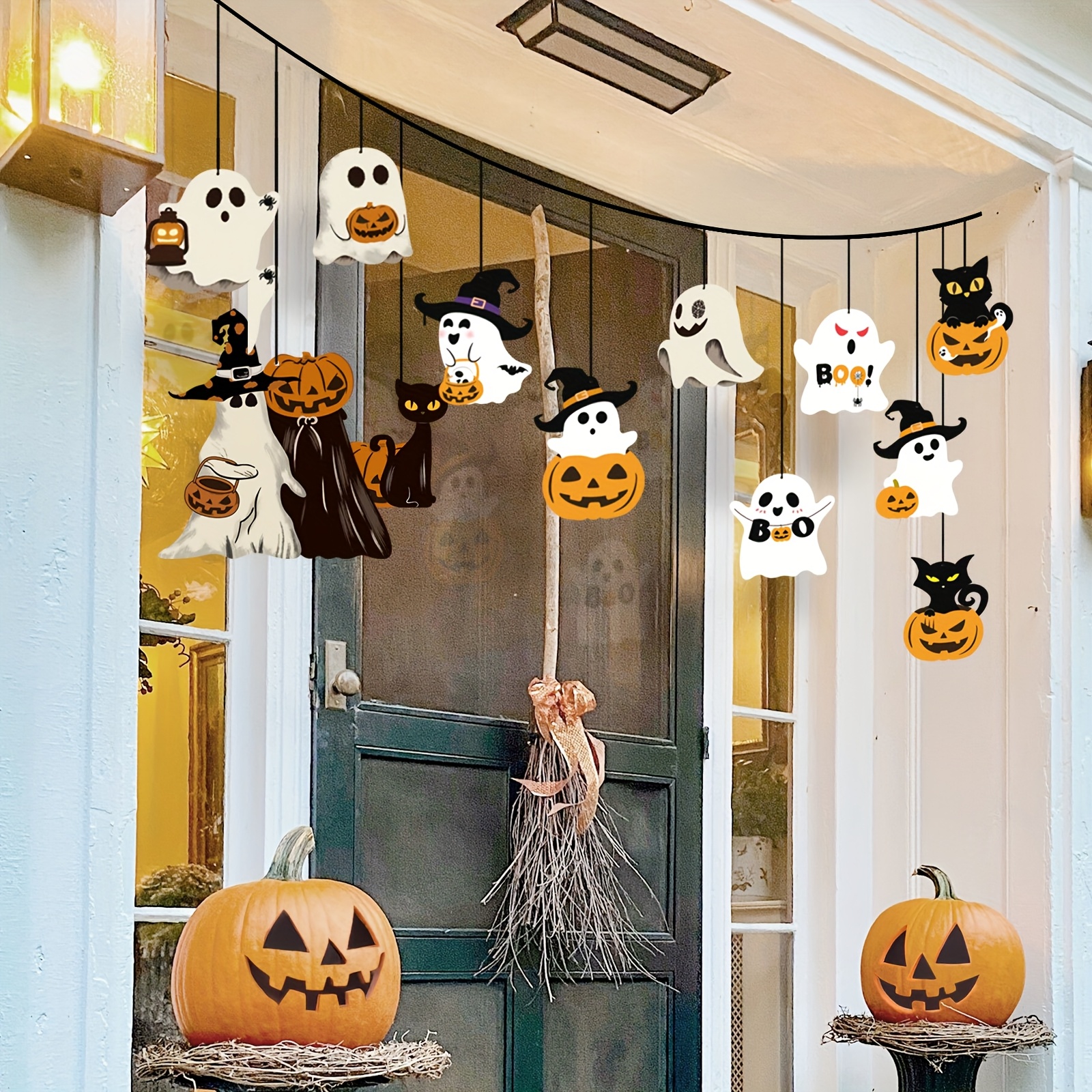 12pièces Décorations Suspendues d'Halloween - Fantômes Mignons, Citrouilles, Chauves-Souris - Pas Besoin d'Électricité, Facile à Suspendre avec des Chaînes - Décor de Fête en Papier Léger pour Intérieur/Extérieur - Décorations de Fête d'Halloween Spook - Parfait pour la Maison, la Classe, ou les Événements - Fournitures de Fête d'Halloween, Décorations d'Halloween, Accessoires d'Événement Festif, Design Joueux, Design Facile à Suspendre, Décor Intérieur/Extérieur, Matériau Durable, Décorateurs