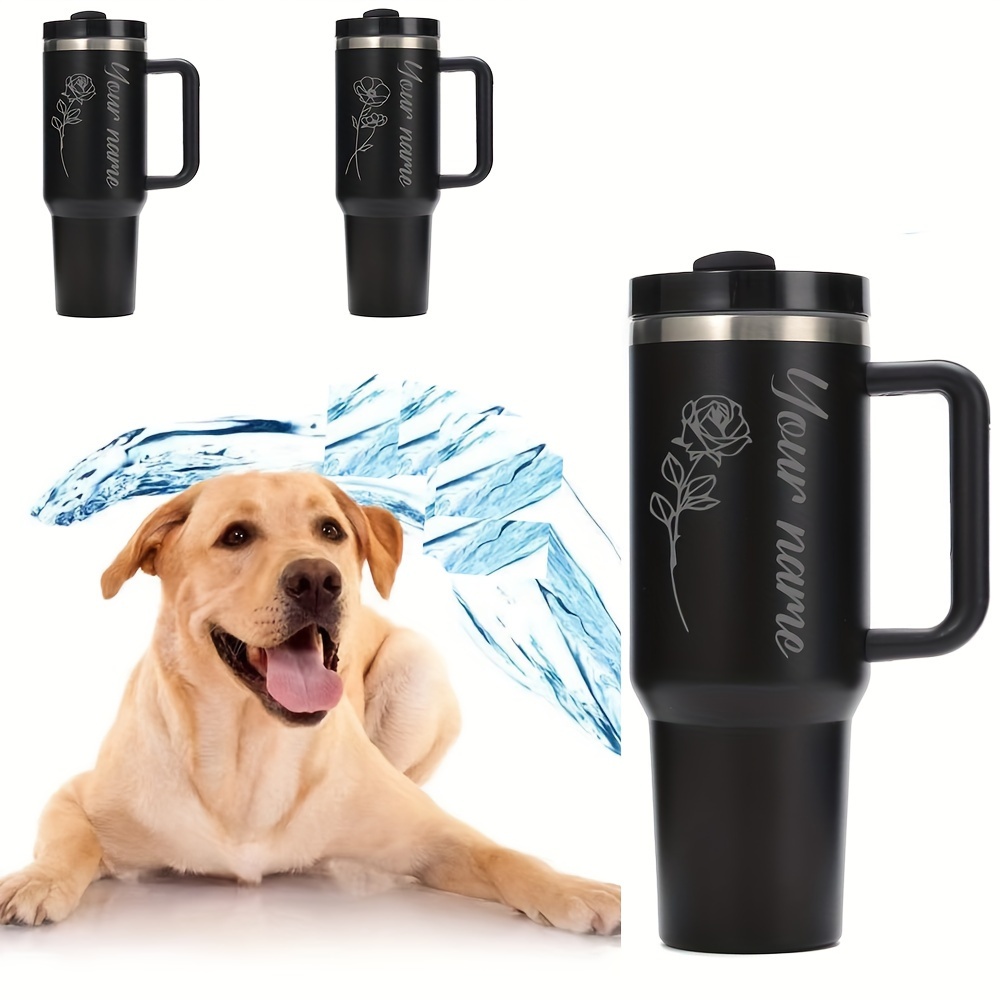 1 Piece Insulated Stainless Steel Water Cup With Custom Name With Handle And Straw - Engraved Travel Coffee Cup, Flower Design - Ideal Personalized Gift For Men, Women, Deceased Pets, Friends