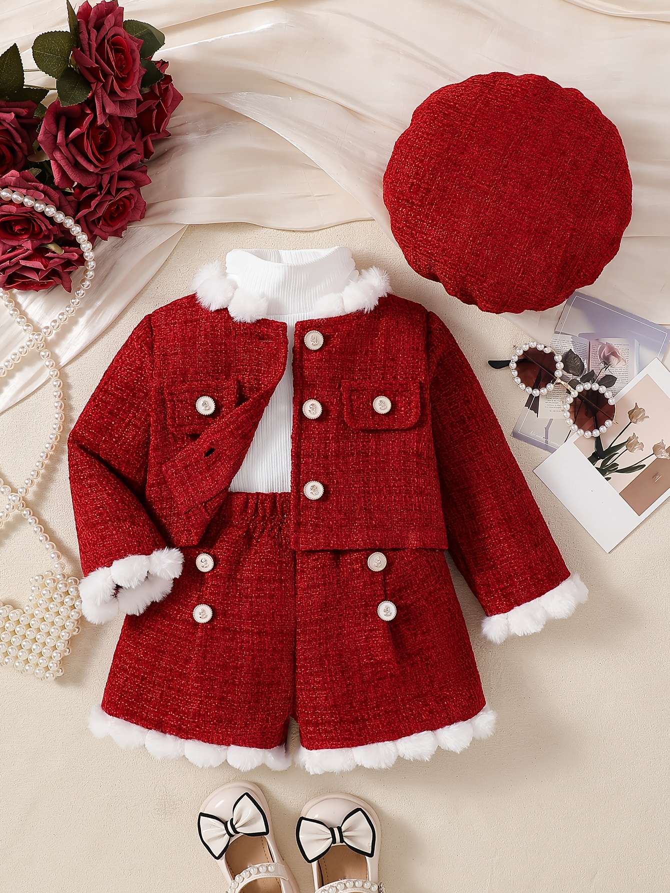 baby girl autumn shorts set baby girl white top red shorts red jacket three piece set hat included baby girl gentle and   pants set baby girl   and   clothing suitable for     outdoor Product details 6