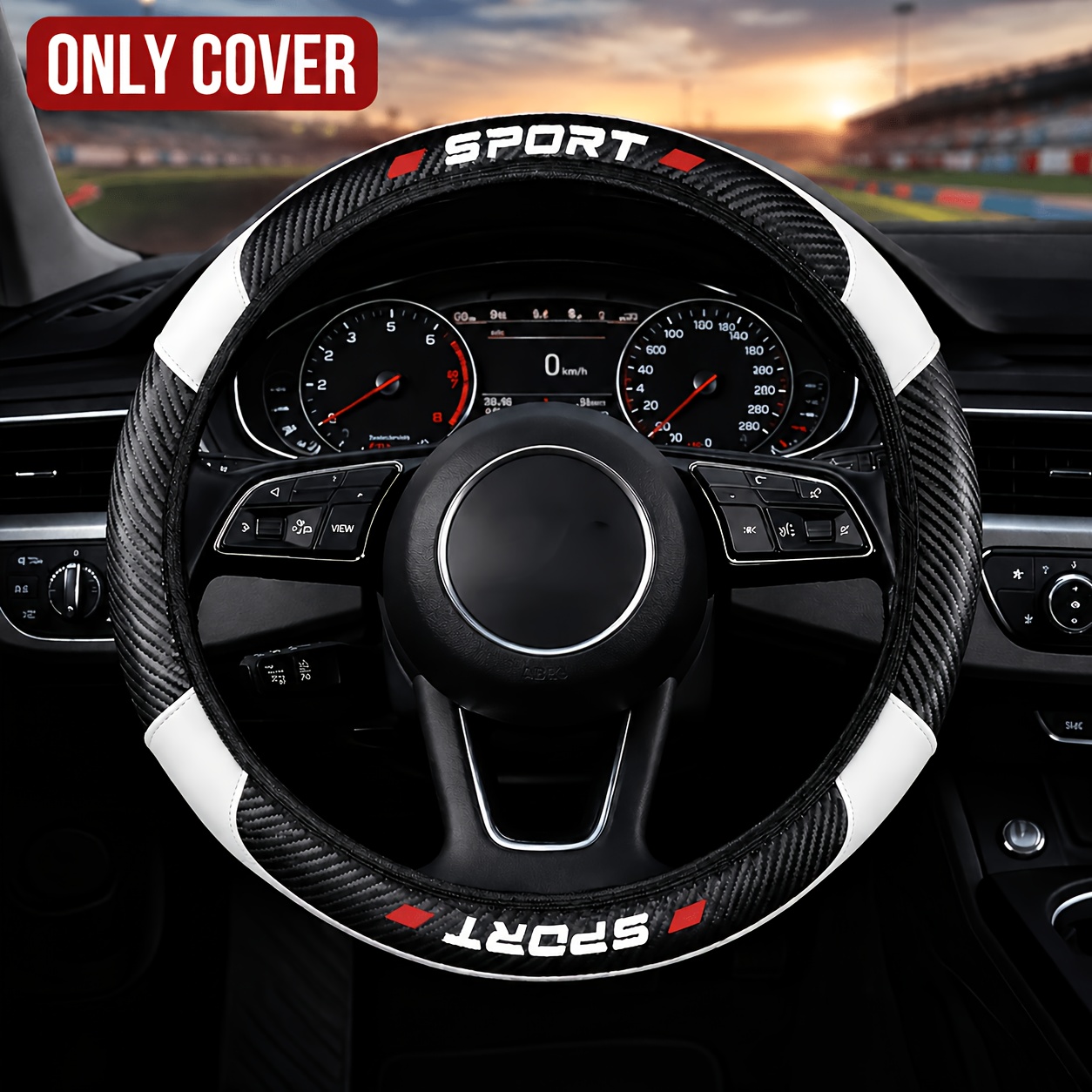 TEMU 1pc Sport Faux Leather Car Steering Wheel Cover, Carbon Fiber Faux Leather, Non-slip And Breathable Grip, Sport Style, Universal Fit -15 Inch,