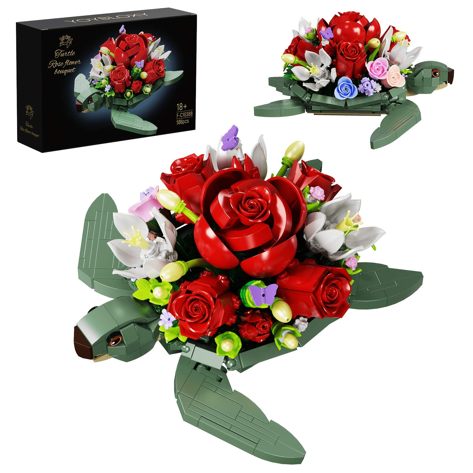588pcs Popular Exquisite Turtle Rose Planter Model Building Block Toy Set Creative Plant Floral Handcrafted Assembly Home Decor Durable Abs Material Ideal Valentine's Day Gift Perfect Easter Present