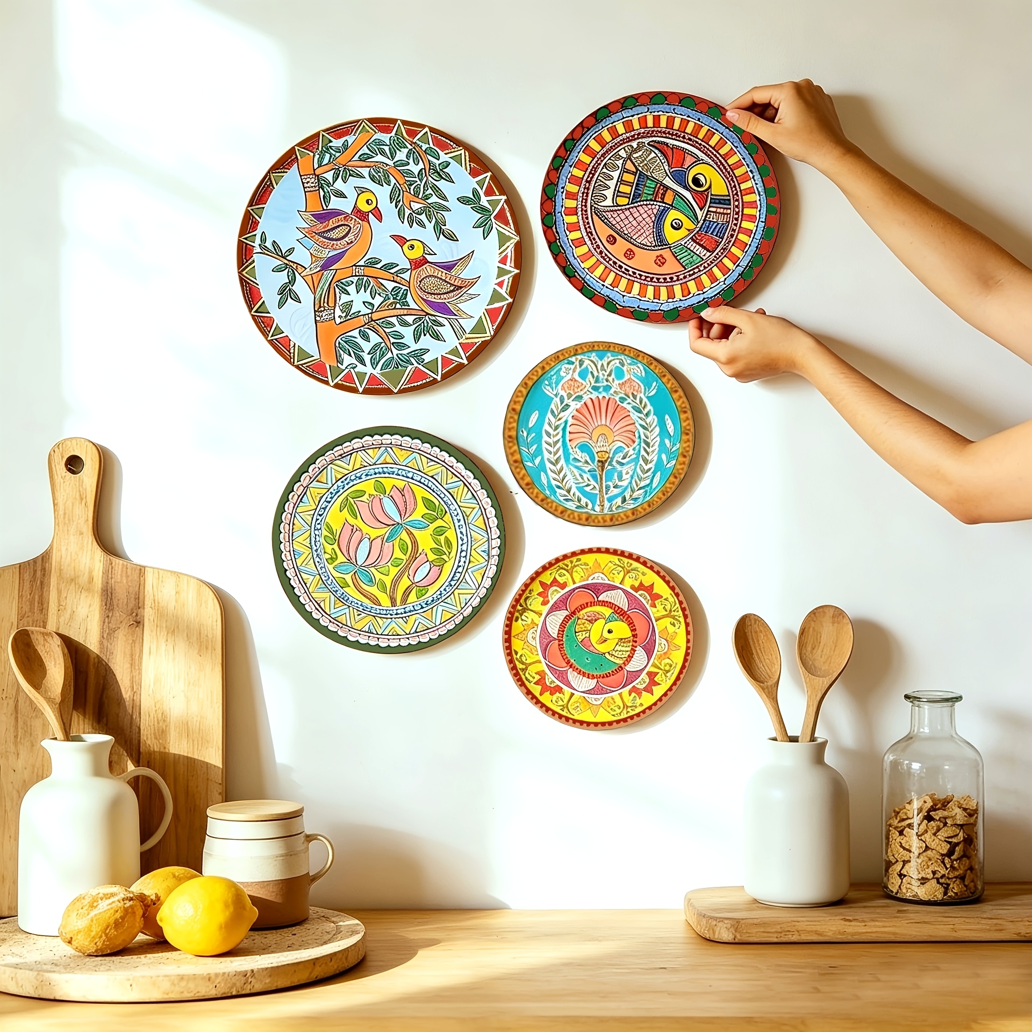 TEMU 2D, 2D - Juego de 5 piezas de pared de madera, diseño floral y de pájaros de estilo bohemio, para , dormitorio, decoración del hogar, regalo de
