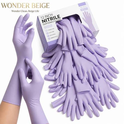 magic beige disposable nitrile gloves 12 inches purple breathable stretchable universal multi functional suitable for household cleaning daily housework indoor and daily housekeeping suitable for men women and adults