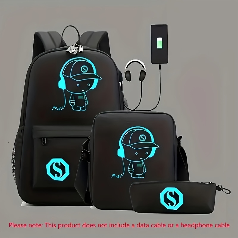 3pcs sets luminous printed backpack large capacity student lightweight casual backpack with crossbody bag and pencil details 2