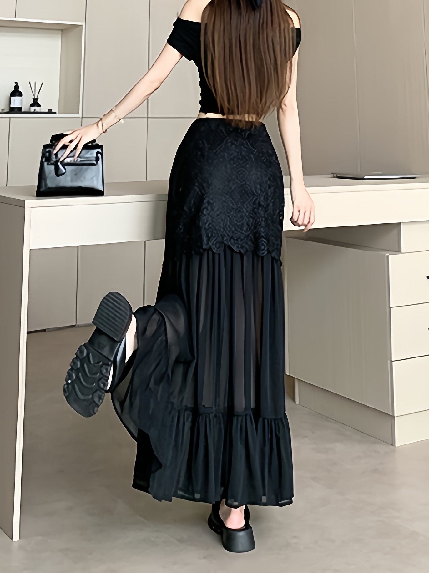 1329 1pc black white fashion lace sheer maxi dress 2025 new - Temu  Philippines
