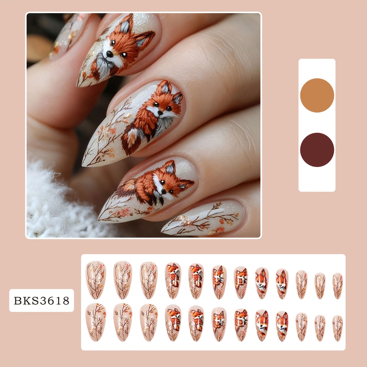 E-shop 24-tlg. niedliche Fuchs-Stickerei-Press-On-Nägel, glitzernde Acryl-Künstliche-Nägel, Mandelform-Tier-Nagelkunst für Damen