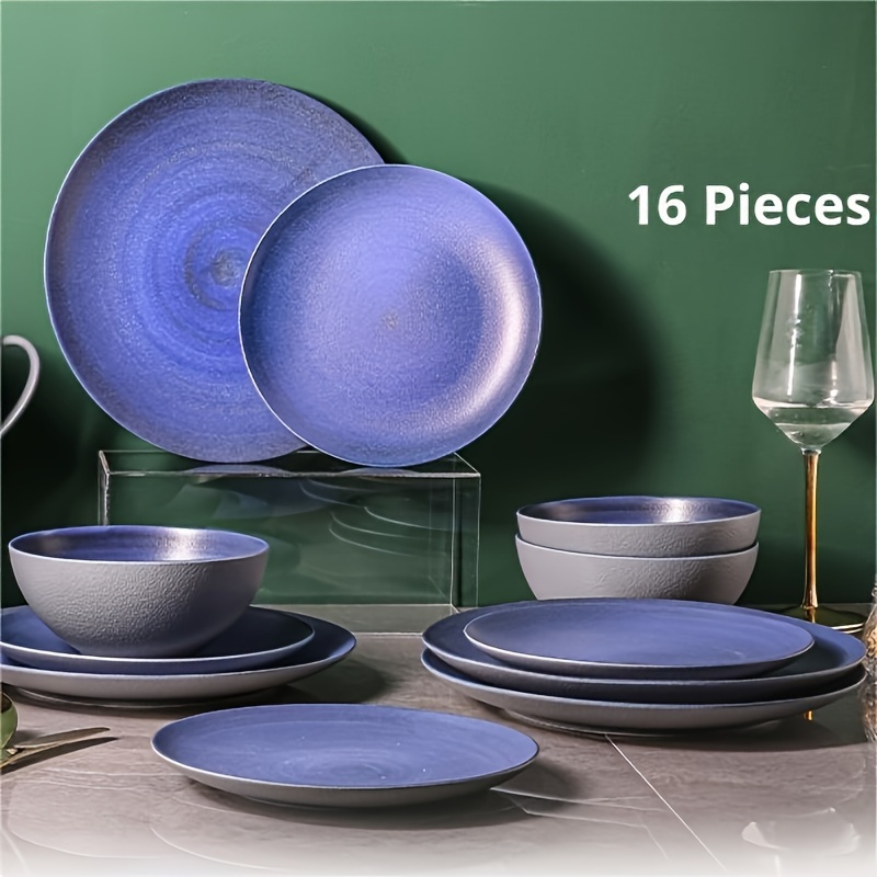

16-piece Dinnerware Set - Microwave And Dishwasher Safe, Reusable, Round, Porcelain Chip And Scratch Resistant, Service For 4, Blue - Durable, Easy-to-clean